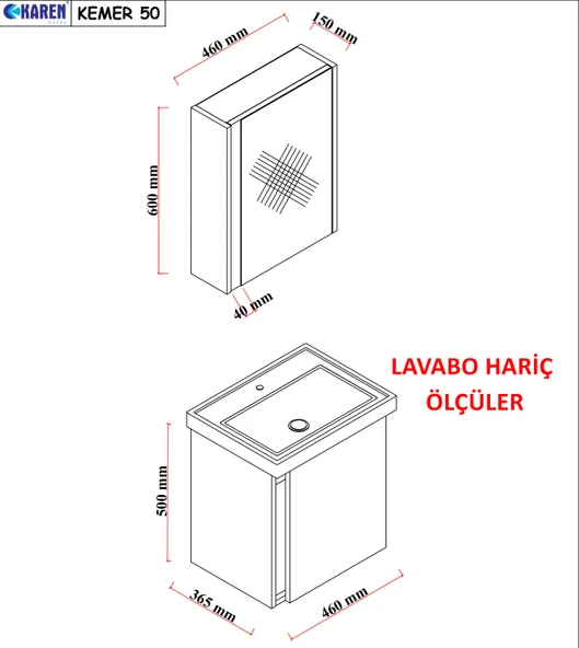 Karen Banyo Kemer 50 Cm, Lavabolu, Aynalı, Banyo Dolabı, Mat Antrasit, Lavabo Dahil - 5
