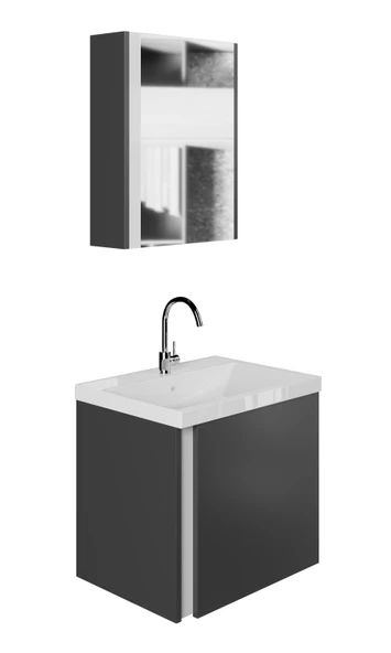 Karen Banyo Kemer 50 Cm, Lavabolu, Aynalı, Banyo Dolabı, Mat Antrasit, Lavabo Dahil - 6