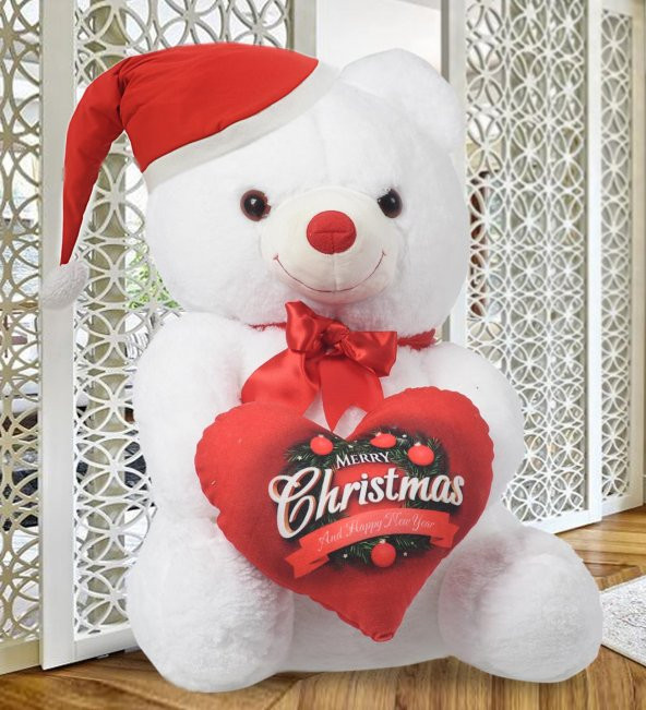Yeni Yıla Özel:"Merry Christmas Kalpli "Baskılı Kalp Tutan Peluş Ayı-80 cm