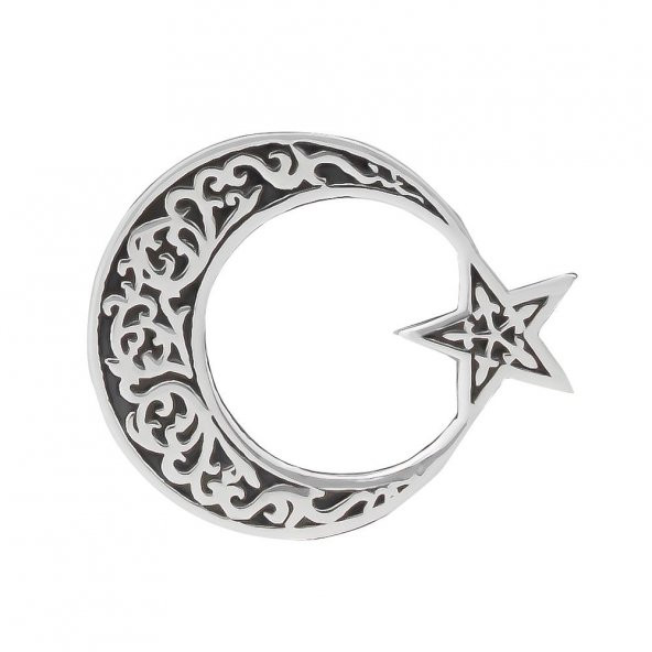 Ayyıldız Desenli 925 Ayar Gümüş Rozet Yaka İğnesi - 2