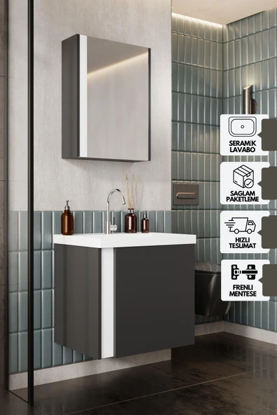 Karen Banyo Kemer 50 Cm, Lavabolu, Aynalı, Banyo Dolabı, Mat Antrasit, Lavabo Dahil - 1