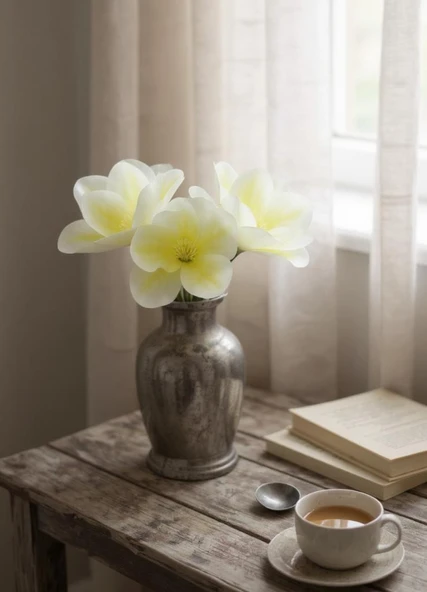 Yapay Çiçek 3Dallı Buket Manolya Gerçek Dokulu Magnolia 32cm KREM - Resim 2