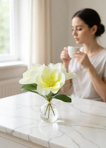 Yapay Çiçek 3Dallı Buket Manolya Gerçek Dokulu Magnolia 32cm KREM - Resim 7