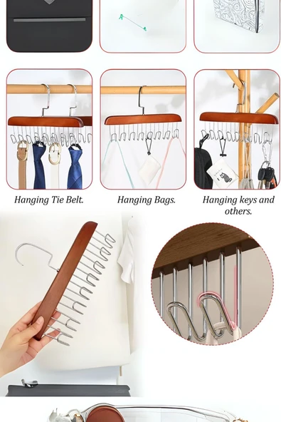 Mithra Life 2 Adet 8 Kancalı Kahverengi Ahşap Elbise Eşarp Kravat Kemer Çanta Askısı MIT1220 - Resim 3