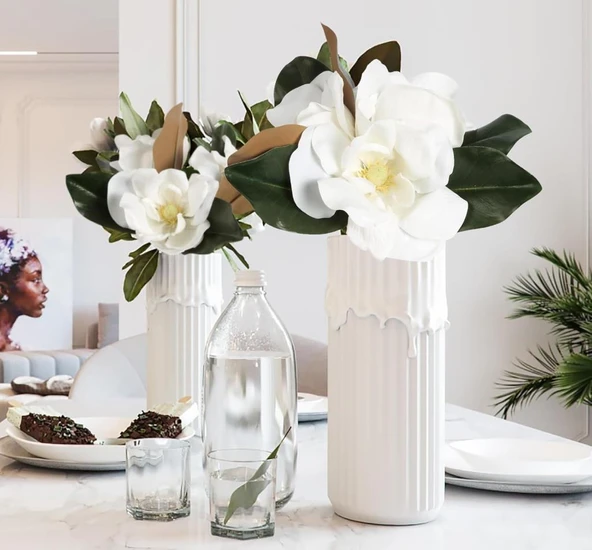 Yapay Çiçek 3Dallı Buket Manolya Gerçek Dokulu Magnolia 32cm BEYAZ - Resim 7