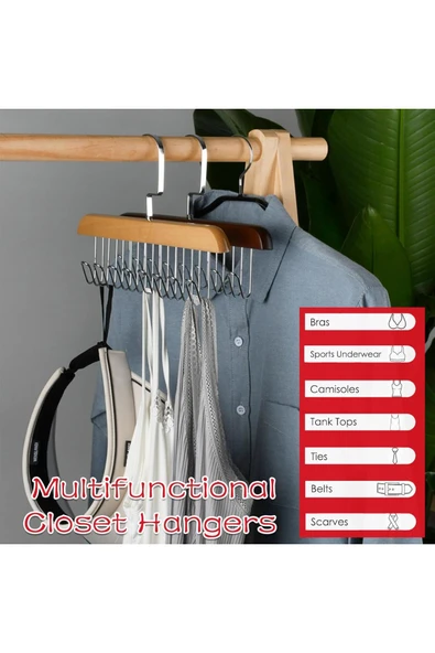 Mithra Life 8 Kancalı Kahverengi Ahşap Elbise Eşarp Kravat Kemer Çanta Askısı MIT1219 - Resim 3