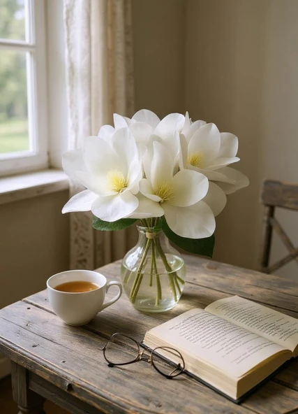 Yapay Çiçek 3Dallı Buket Manolya Gerçek Dokulu Magnolia 32cm BEYAZ - Resim 3