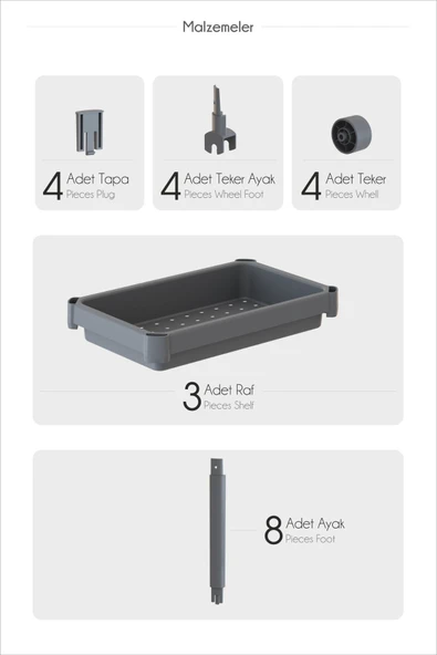 Mithra Life 3 Katlı Hazneli Tekerlekli Beyaz Mutfak Banyo Rafı PG MIT1214 - Resim 6