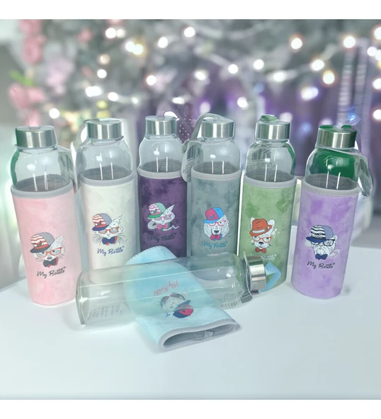 Figürlü Peluş Kılıflı Renkli Cam Matara Suluk 500 ml HK5017