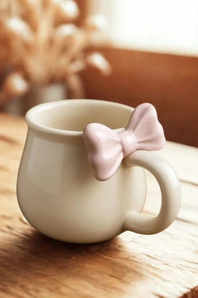 Mithra Life Pembe Fiyonklu 300 ml Beyaz Seramik Kupa Bardak MIT1212 - Resim 2