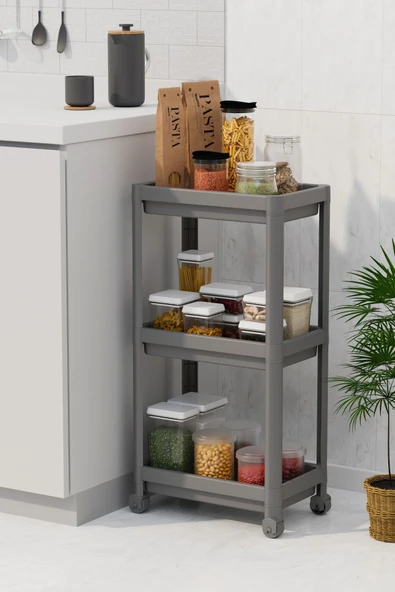 Mithra Life 3 Katlı Hazneli Tekerlekli Gri Mutfak Banyo Rafı PG MIT1216 - Resim 2