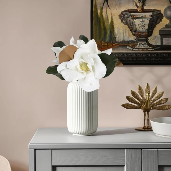 Yapay Çiçek 3Dallı Buket Manolya Gerçek Dokulu Magnolia 32cm BEYAZ - Resim 9
