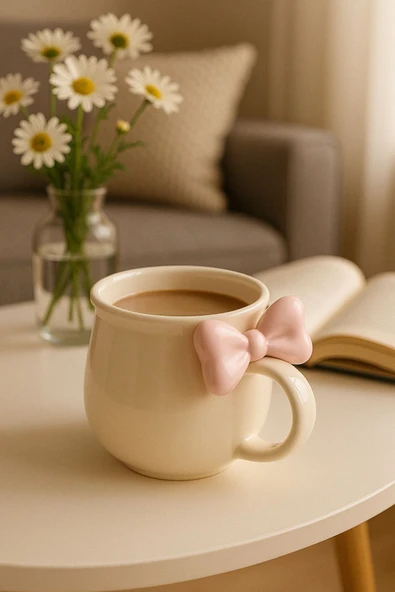 Mithra Life Pembe Fiyonklu 300 ml Beyaz Seramik Kupa Bardak MIT1212 ürün görseli