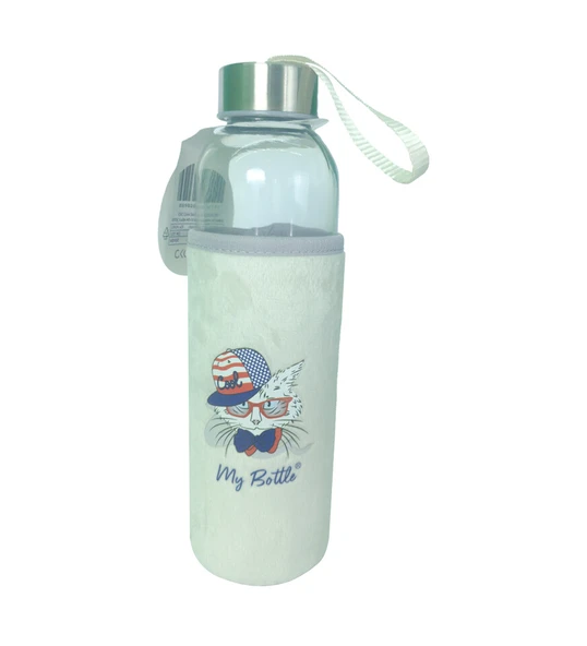 Figürlü Peluş Kılıflı Renkli Cam Matara Suluk 500 ml HK5017 - 7