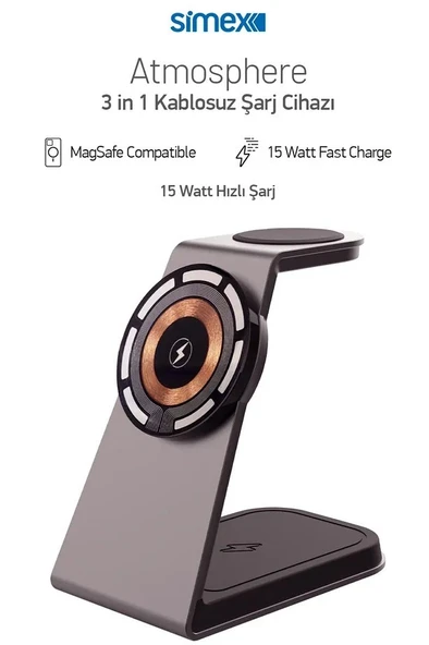 Simex 15W 3in1 Hızlı Manyetik Masaüstü Metal Magsafe Kablosuz Şarj Standı Telefon Tutucu Simex Atmosphere