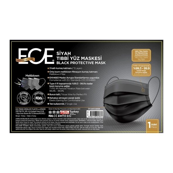Ece 4 Katlı (Meltblown) Maske Lastilki (50 li) SİYAH - 2