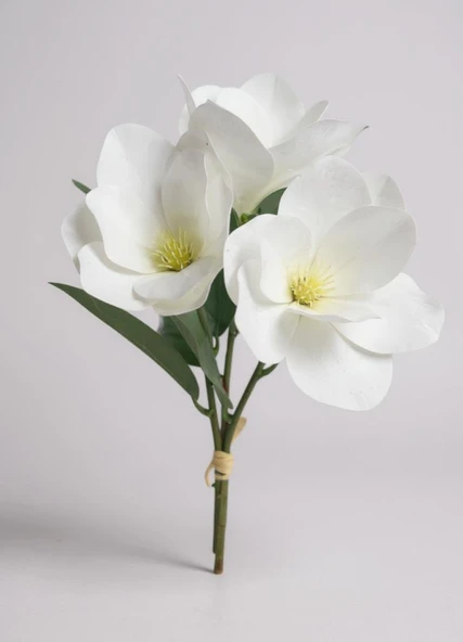 Yapay Çiçek 3Dallı Buket Manolya Gerçek Dokulu Magnolia 32cm BEYAZ ürün görseli