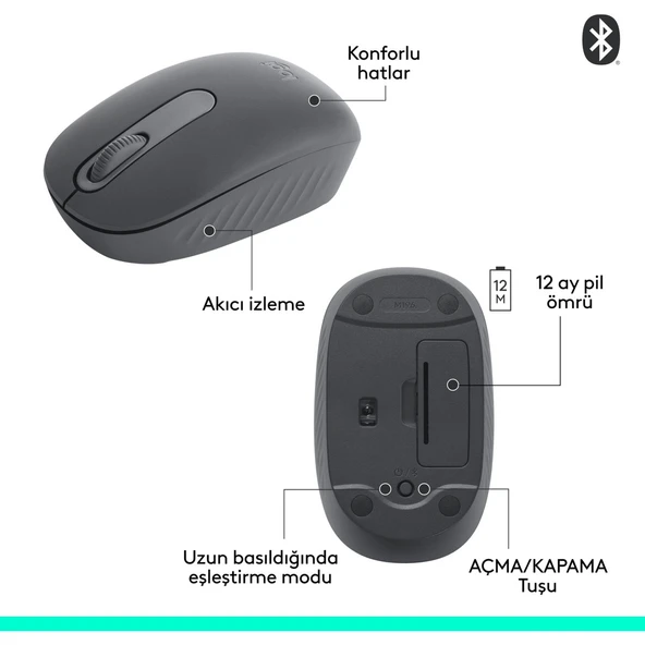 M196 Bluetooth Kablosuz Kompakt Pc ve Mac ile Uyumlu Mouse - Siyah - Resim 6