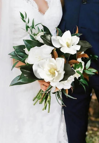 Yapay Çiçek 3Dallı Buket Manolya Gerçek Dokulu Magnolia 32cm BEYAZ - Resim 5