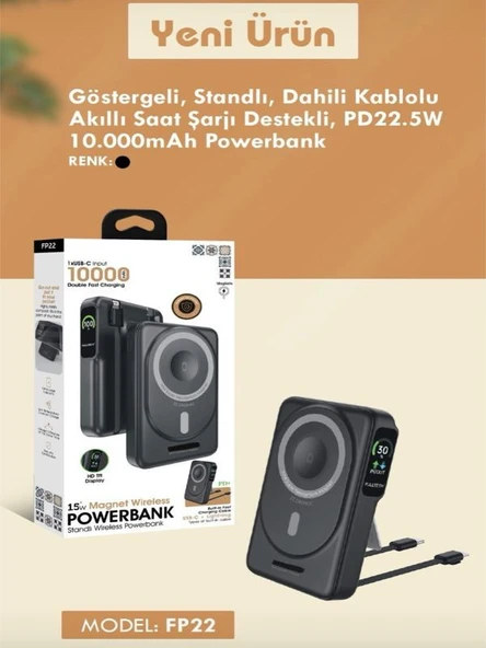 10000mAh 22.5W Type-C Lightning Kablolu/Kablosuz Standlı Telefon/Saat Şarj LCD Magsafe Powerbank - 6