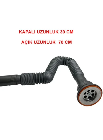 Karen Banyo Krom Süzgeçli Körüklü Lavabo Mutfak Sifonu Lavabo Gider Borusu 70 cm 1.Kalite Gri - 1