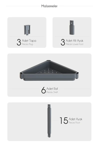 Mithra Life 6 Katlı Üçgen Plastik Beyaz Banyo Mutfak Rafı MIT1233 - Resim 3