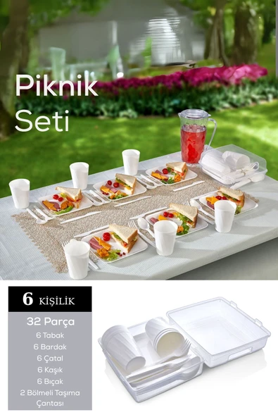 Mithra Life 6 Kişilik Çantalı Beyaz Çatal Bıçak Kaşık ve Tabak Piknik Seti MIT1232 ürün görseli