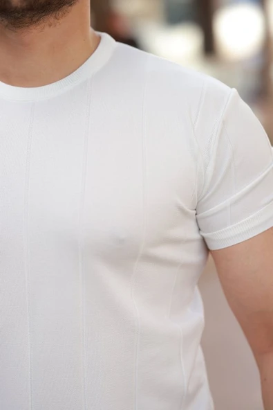 Erkek Ince çizgi Dokulu Bisiklet Yaka Kısa Kollu T-shirt - Resim 3