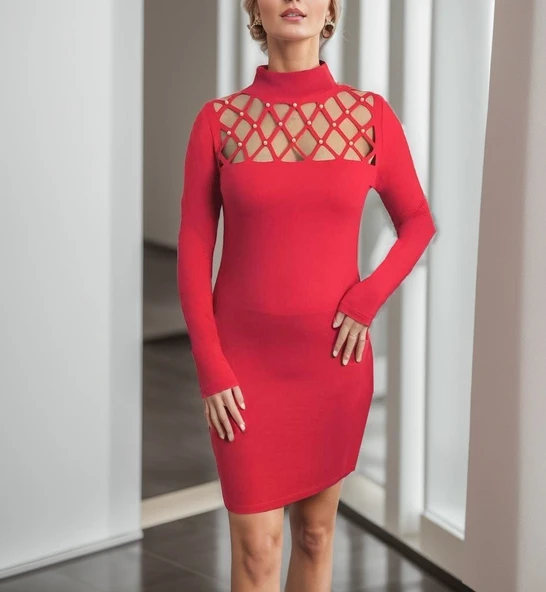 Kadın Uzun Kollu Bisiklet Yaka Lazer Kesim Inci Detay Viskon Iki Iplik Mini Boy Elbise - Resim 5