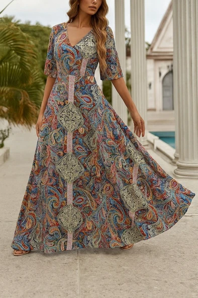 Kadın Kısa Kollu V Yakalı Desenli Süprem Elbise ürün görseli