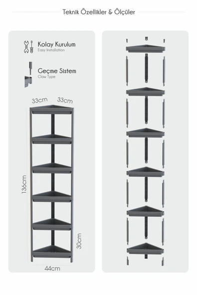 Mithra Life 6 Katlı Üçgen Plastik Gri Banyo Mutfak Rafı MIT1235 - Resim 2