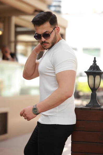 Erkek Ince çizgi Dokulu Bisiklet Yaka Kısa Kollu T-shirt - Resim 2