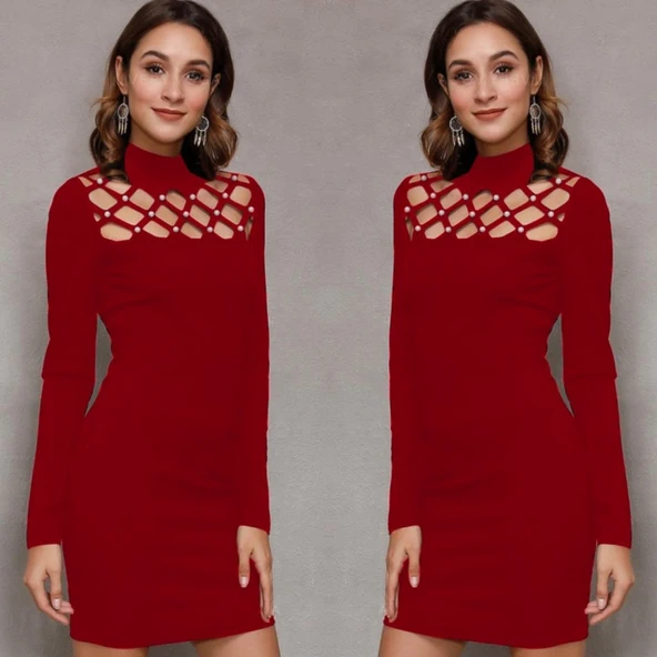 Kadın Uzun Kollu Bisiklet Yaka Lazer Kesim Inci Detay Viskon Iki Iplik Mini Boy Elbise - Resim 3