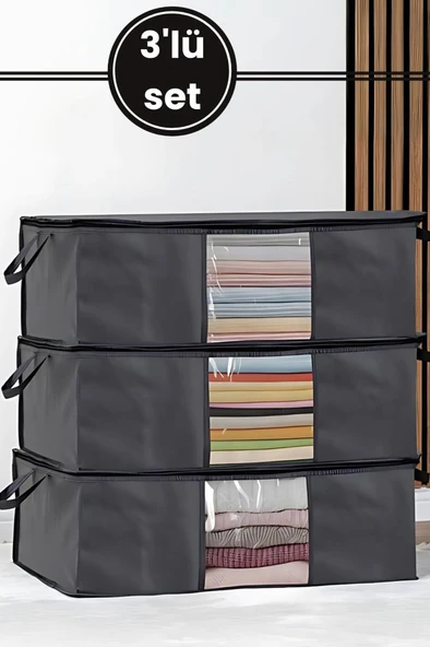3’lü Baza Hurcu Seti Antrasit, Yatak Kanepe Altı Yastık Kıyafet Çamaşır Düzenleyici (64x45cm) 3 Adet ürün görseli 1