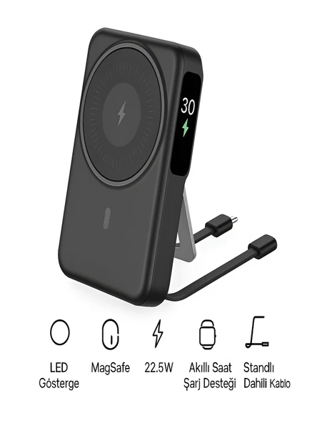 10000mAh 22.5W Type-C Lightning Kablolu/Kablosuz Standlı Telefon/Saat Şarj LCD Magsafe Powerbank ürün görseli 1