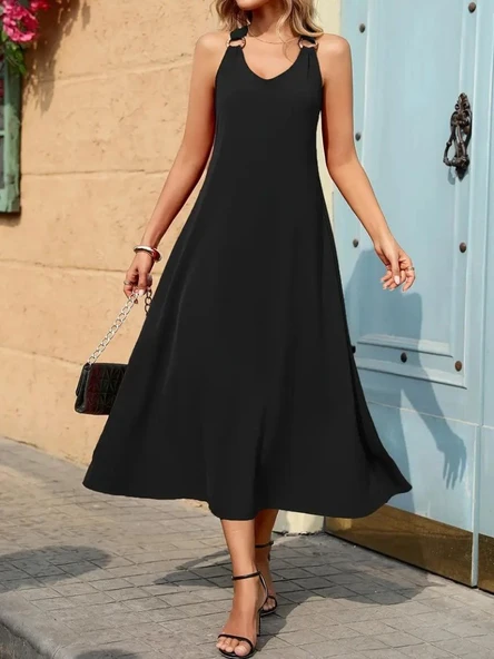 Kadın Askılı V Yakalı Halka Detaylı Maksi Boy Viskon Elbise - Resim 3