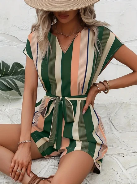 Kadın Kısa Kollu V Yakalı Beli Kuşaklı Keten Tulum - Resim 3