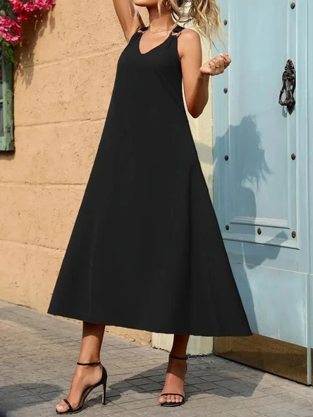 Kadın Askılı V Yakalı Halka Detaylı Maksi Boy Viskon Elbise - Resim 6