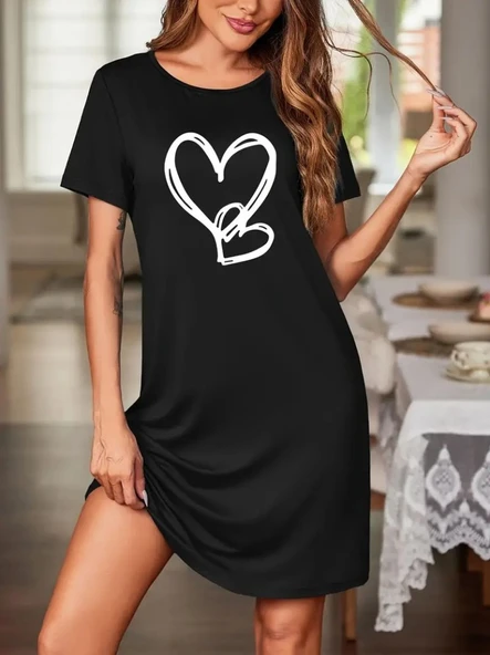Kadın Kısa Kollu Bisiklet Yaka Kalp Desenli Viskon Elbise ürün görseli