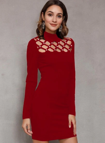 Kadın Uzun Kollu Bisiklet Yaka Lazer Kesim Inci Detay Viskon Iki Iplik Mini Boy Elbise ürün görseli