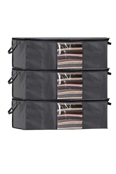 3’lü Baza Hurcu Seti Antrasit, Yatak Kanepe Altı Yastık Kıyafet Çamaşır Düzenleyici (64x45cm) 3 Adet - Resim 3