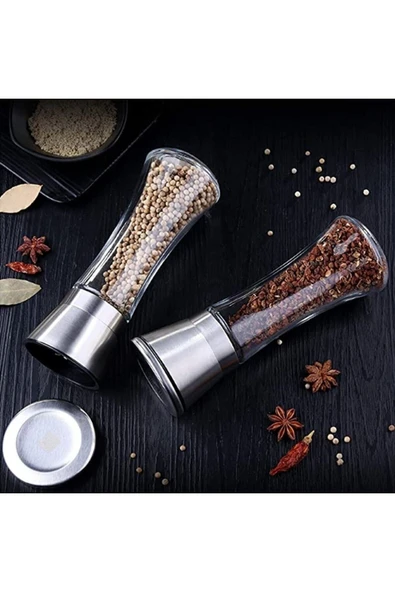 Mithra Life 2 li Büyük Boy Metal Krom Kapaklı Cam Tuz Karabiber Değirmeni Tuzluk Biberlik MIT1245 - Resim 4