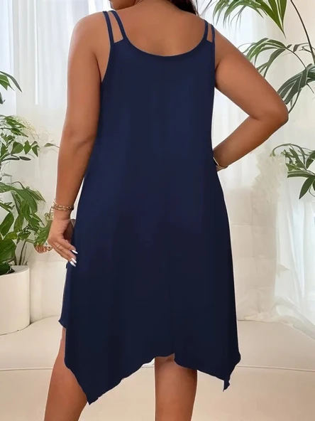 Kadın Askılı Yuvarlak Asimetrik Kesim Detaylı Viskon Elbise - Resim 2