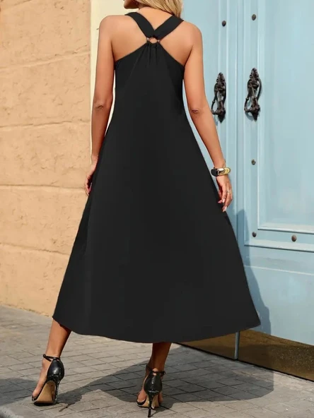 Kadın Askılı V Yakalı Halka Detaylı Maksi Boy Viskon Elbise - Resim 5