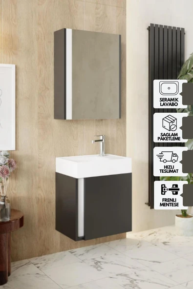 Karen Banyo Kemer 45 Cm, Lavabolu, Aynalı, Banyo Dolabı, Mat Antrasit, Lavabo Dahil - 1