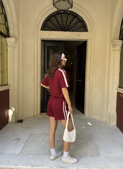 Osy Modal Yumuşak Dokulu Kumaş Parçalı Bisiklet Yaka T-shirt Mini Şortlu Etek İkili Takım -Bordo - Resim 3