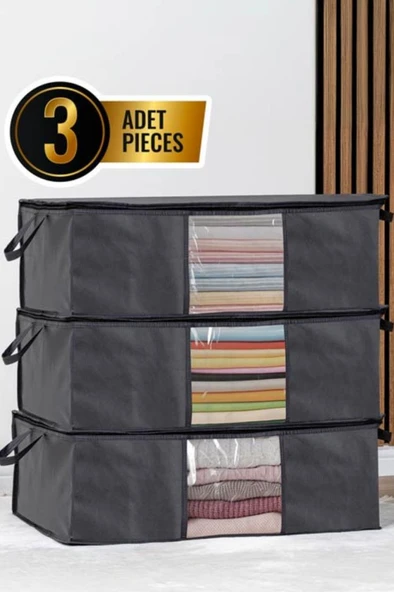3’lü Baza Hurcu Seti Antrasit, Yatak Kanepe Altı Yastık Kıyafet Çamaşır Düzenleyici (64x45cm) 3 Adet - Resim 5