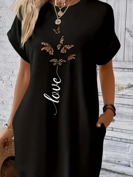 Kadın Kısa Kollu Bisiklet Yaka Cepli Kelebek Baskılı Viskon Elbise - Resim 4