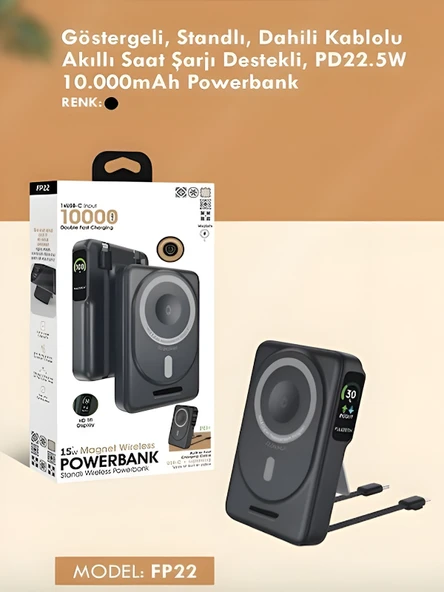 10000mAh 22.5W Type-C Lightning Kablolu/Kablosuz Standlı Telefon/Saat Şarj LCD Magsafe Powerbank - Resim 6