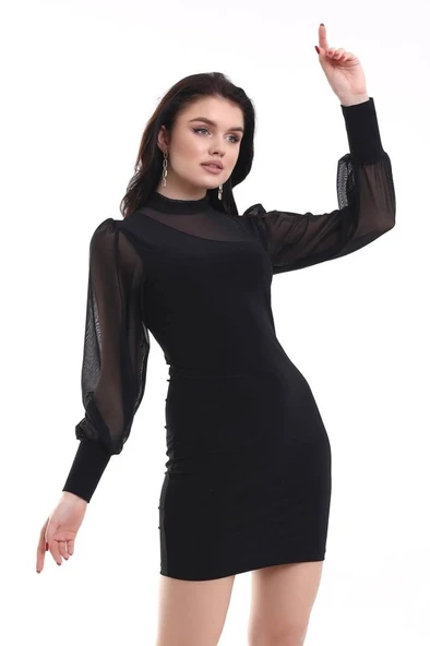 Kadın Balıkçı Yaka Transparan Detay Fırsat ürün Sandy Kumaş Mini Elbise - Resim 3